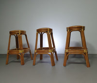 3 x Bamboo stool with leather laces / 70s.