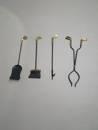 Vintage set van vijf messing open haardgereedschappen in golfclubs, Frankrijk circa 1950
