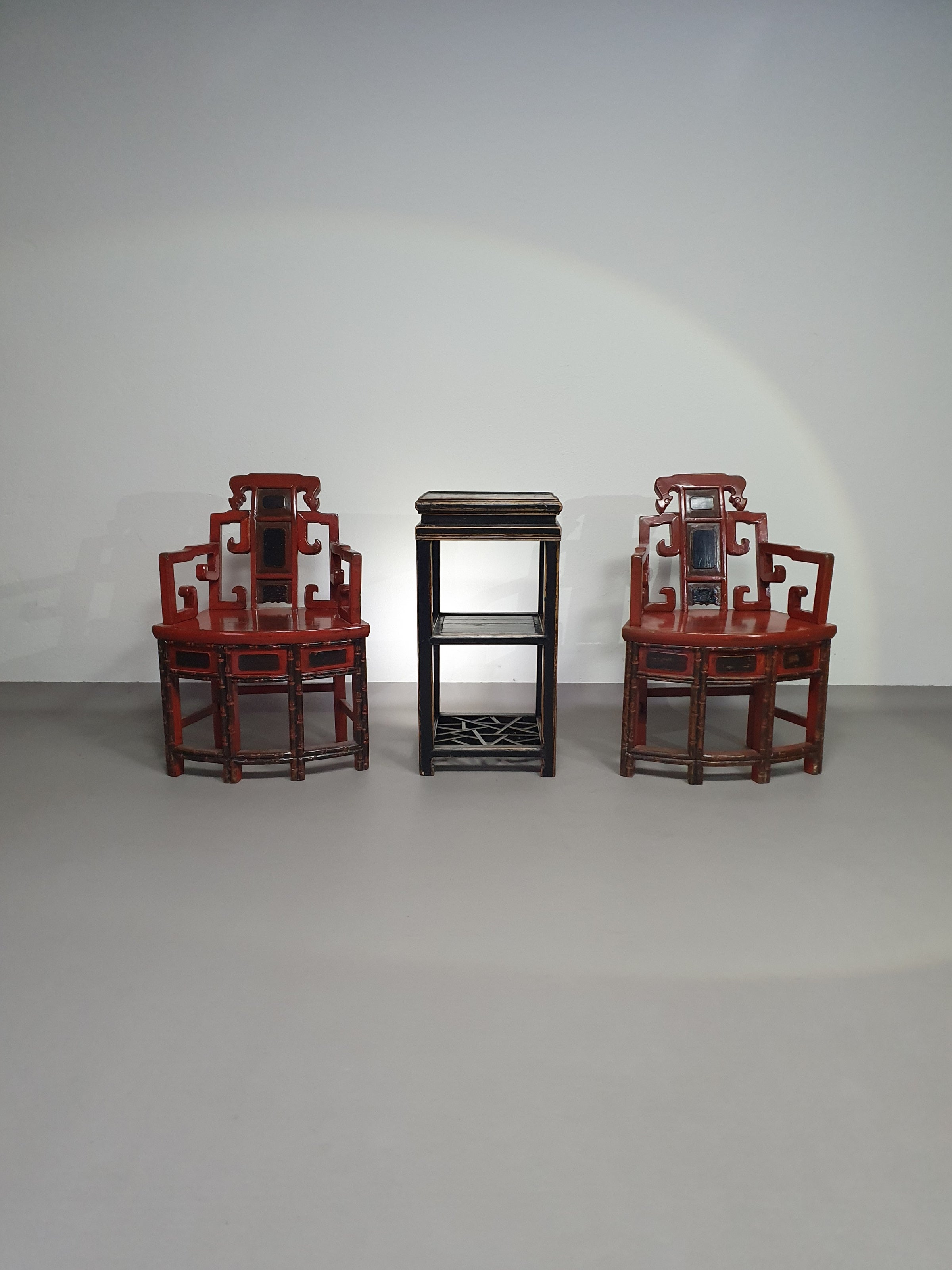 French Chinoiserie altar chairs and side table