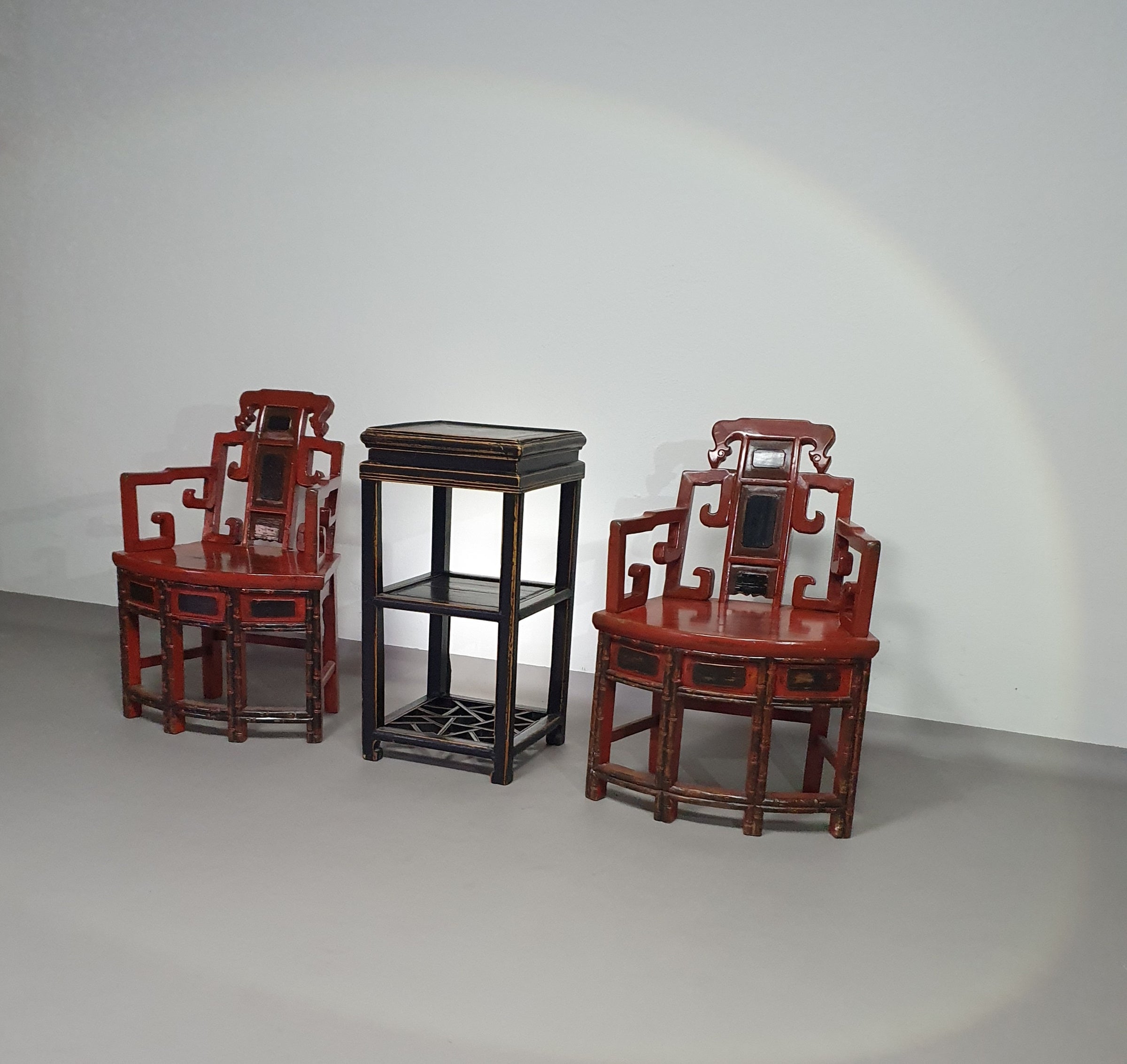 French Chinoiserie altar chairs and side table