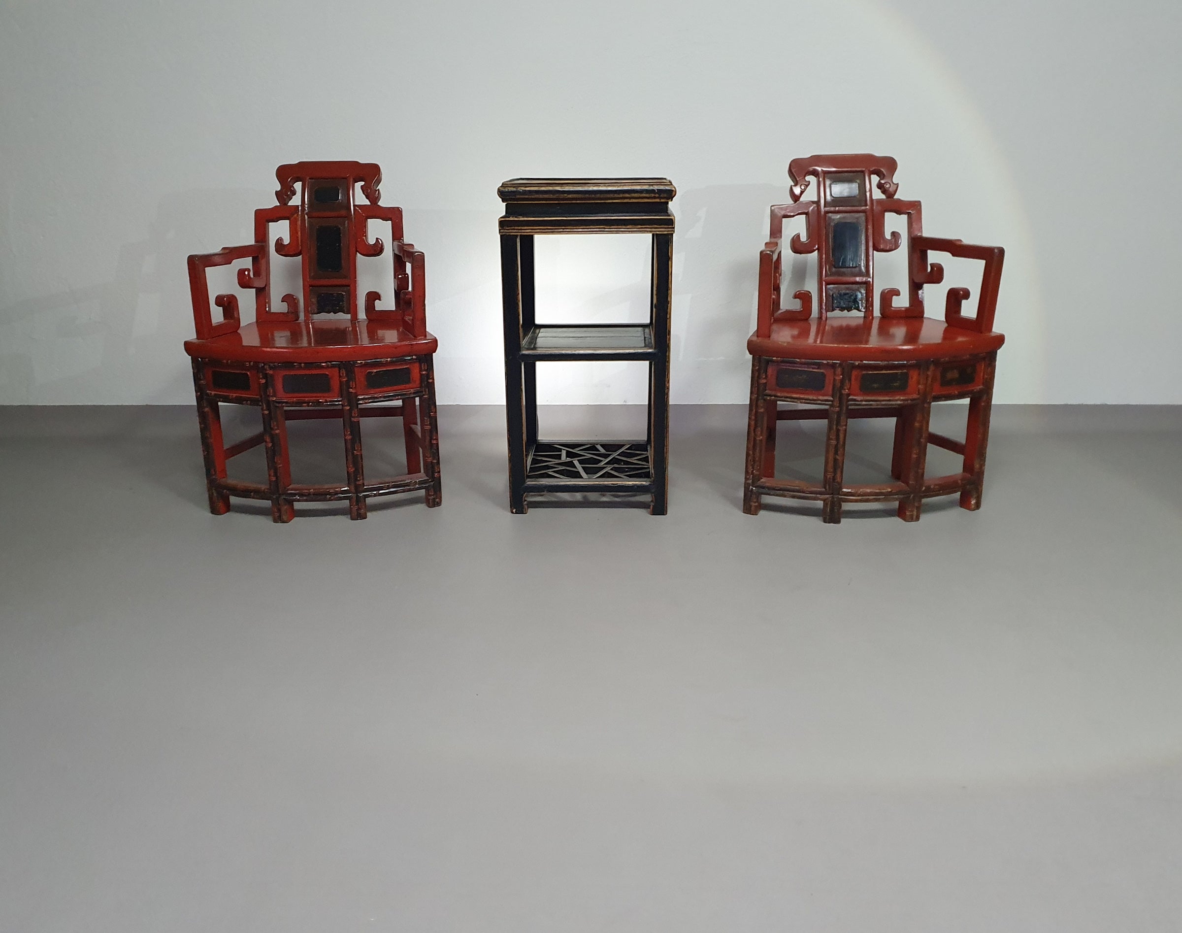 French Chinoiserie altar chairs and side table
