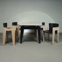 Arnold Merckx dining set in rare ahorn wood / black leather chairs 1980s.