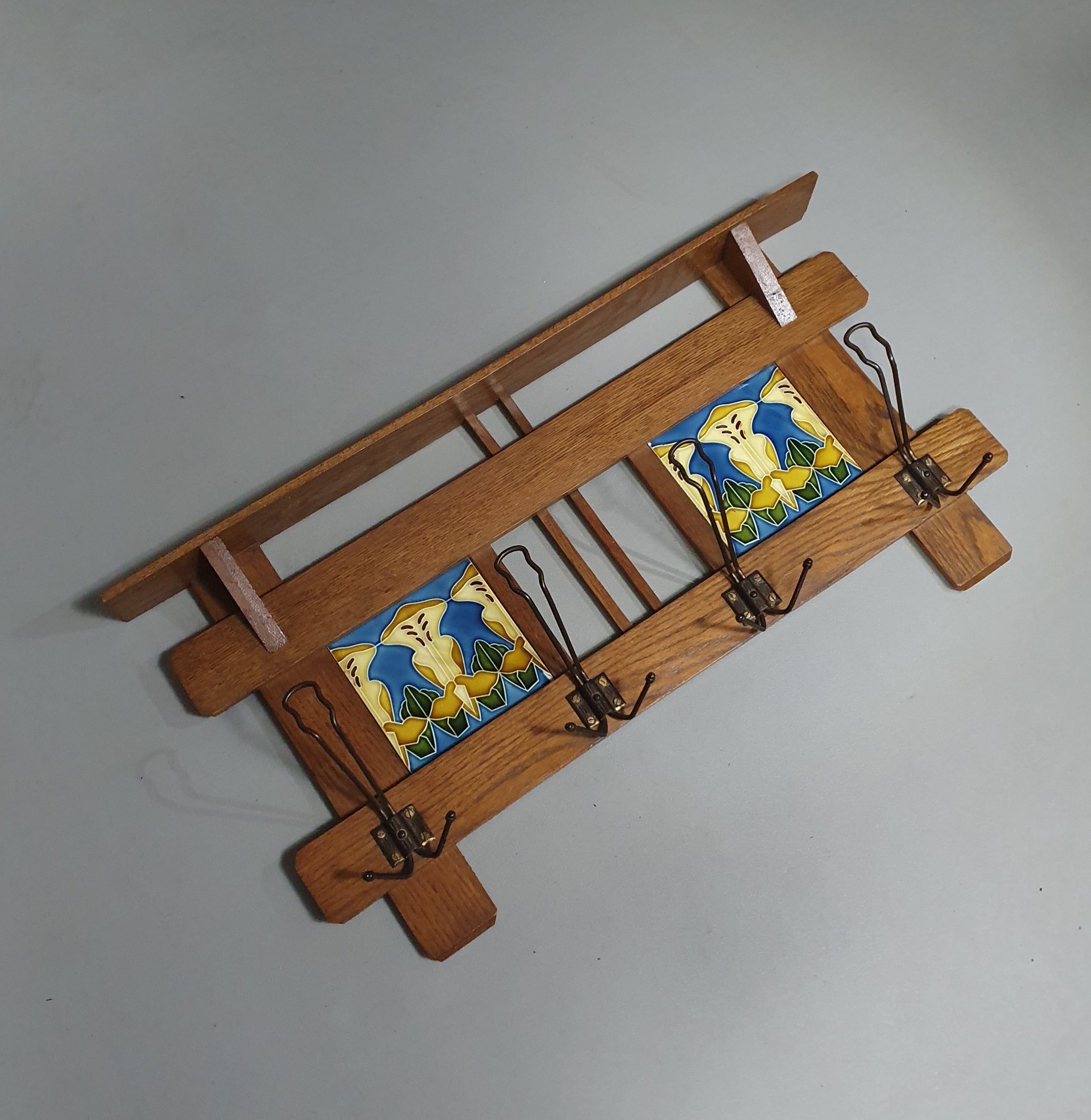 Art Nouveau wall coat rack with Tiles by Meissen / Germany