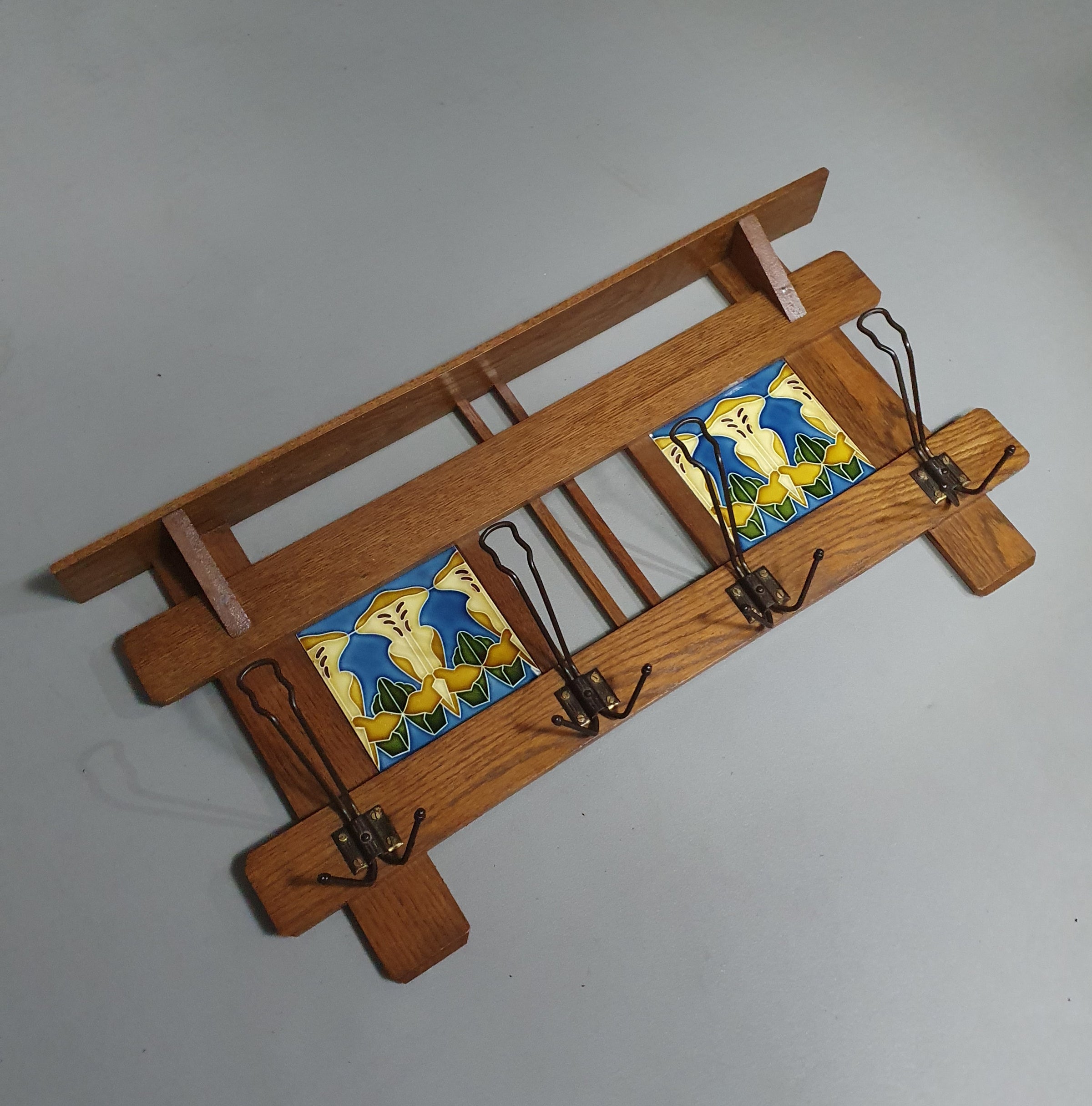 Art Nouveau wall coat rack with Tiles by Meissen / Germany
