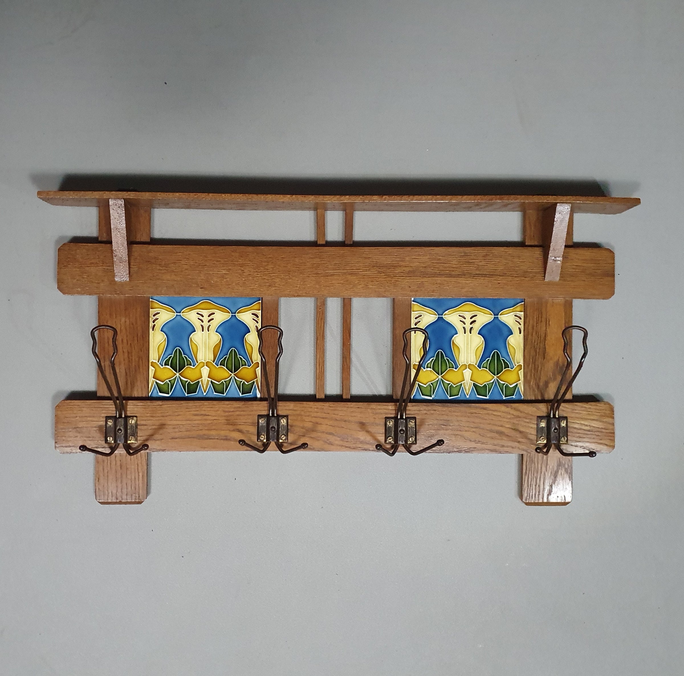 Art Nouveau wall coat rack with Tiles by Meissen / Germany