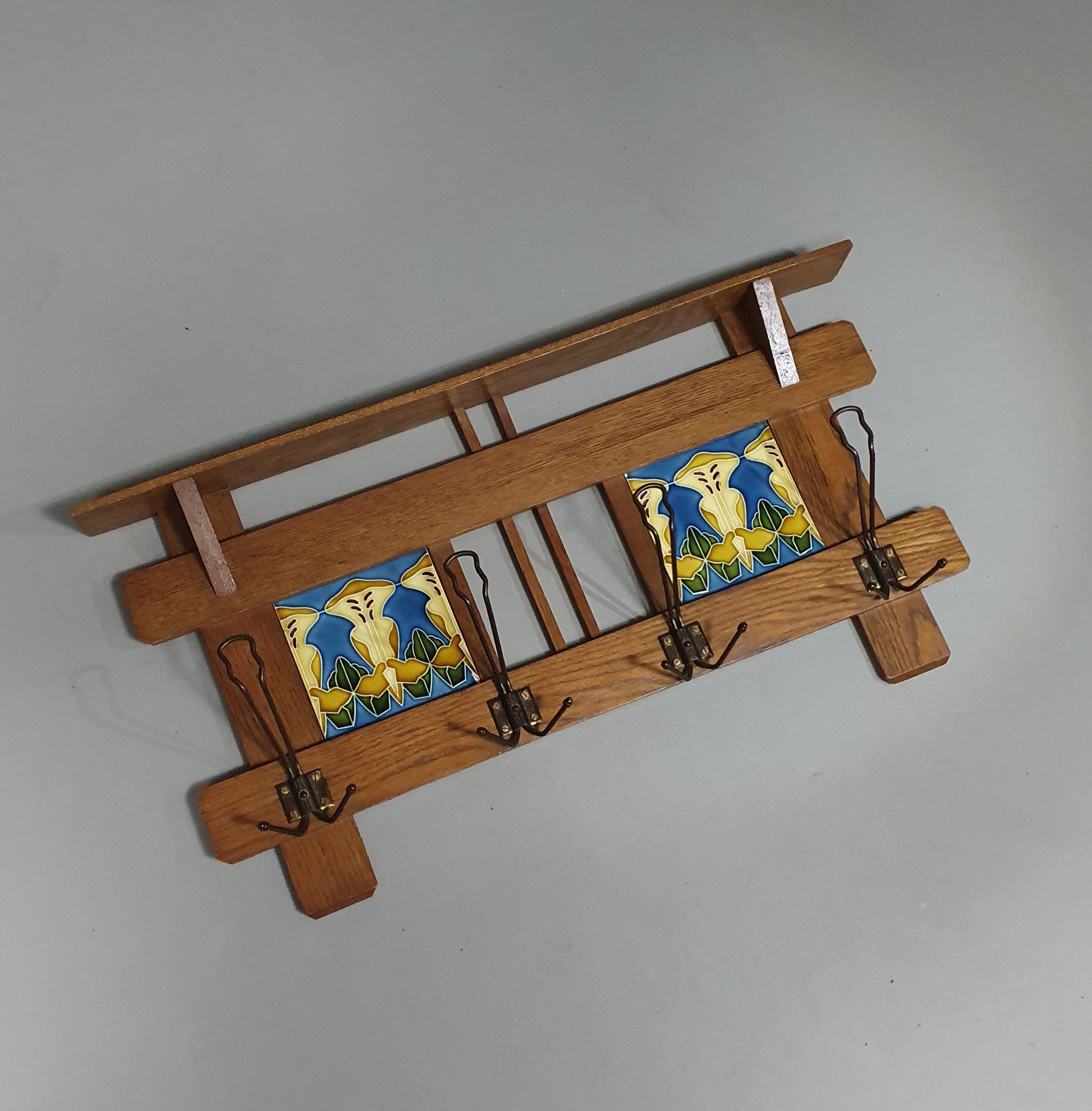 Art Nouveau wall coat rack with Tiles by Meissen / Germany