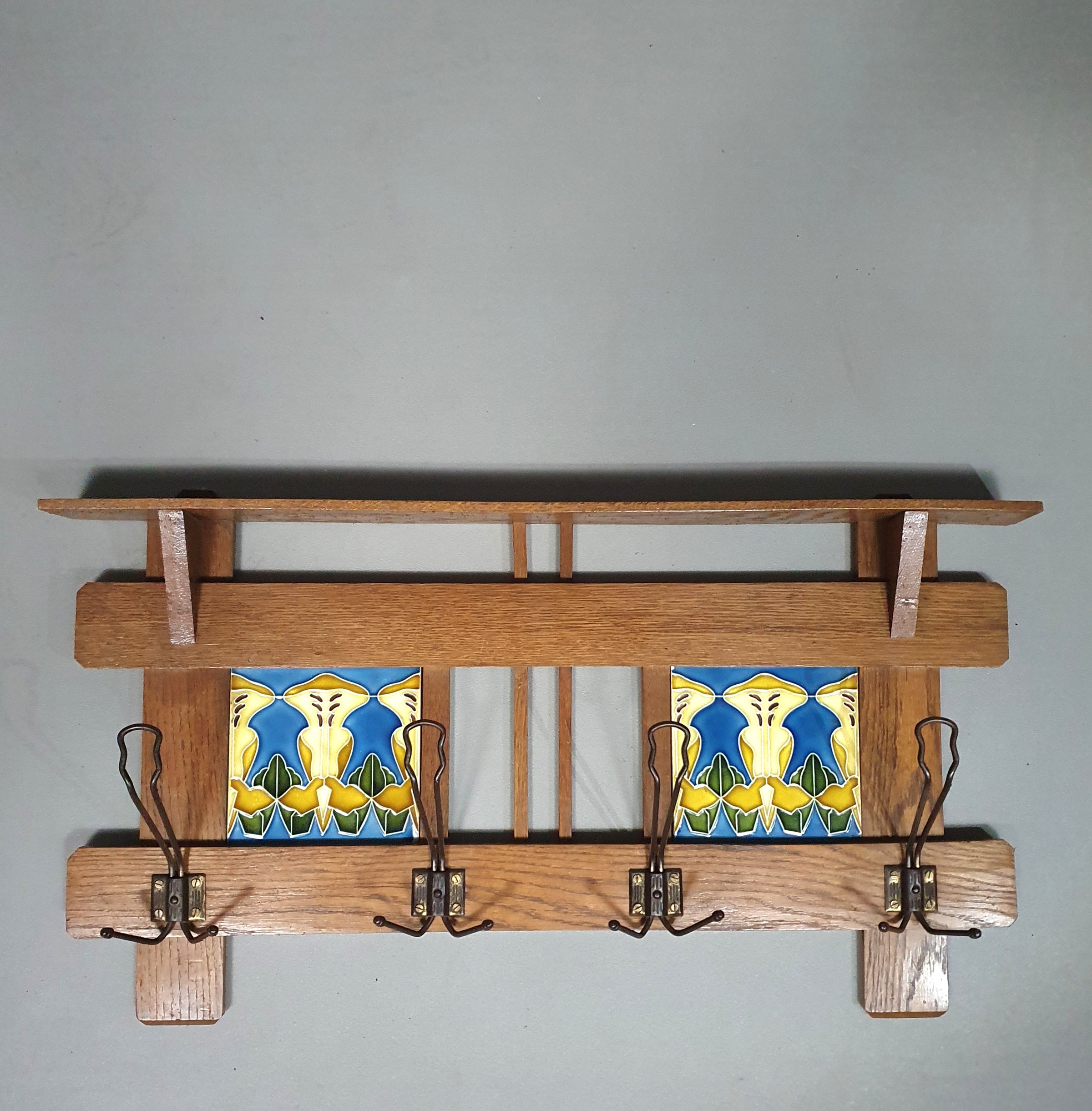 Art Nouveau wall coat rack with Tiles by Meissen / Germany