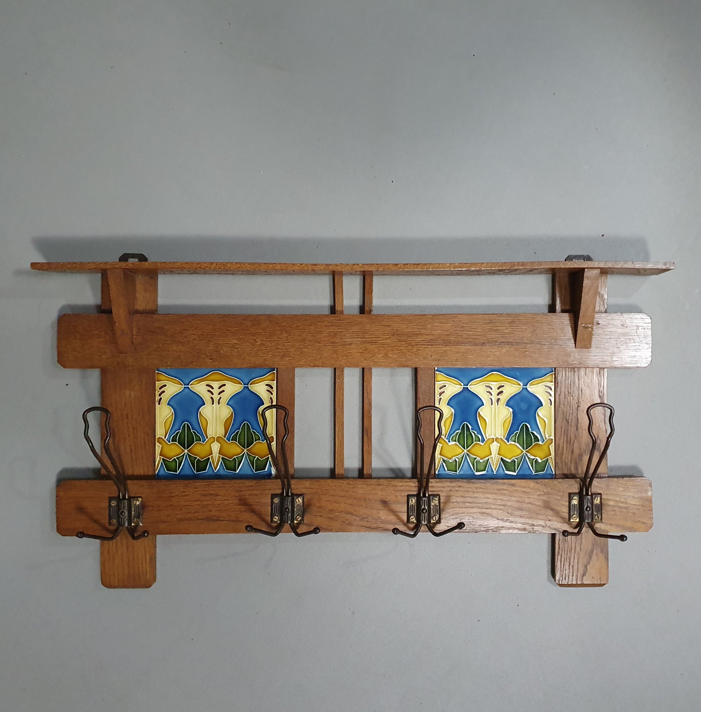 Art Nouveau wall coat rack with Tiles by Meissen / Germany