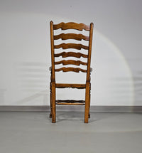 Set of 4 oak, rustic, farmhouse, ladderback dining chairs with rush seats 1960s