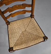 Set of 4 oak, rustic, farmhouse, ladderback dining chairs with rush seats 1960s