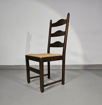 Set van 2 eikenhouten, rustieke, landelijke eetkamerstoelen met ladderrug en biezen zittingen