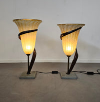Large Jugendstil Floor / Table Lamps / Roberto Galli / Stone Base With Italian Glass Shade