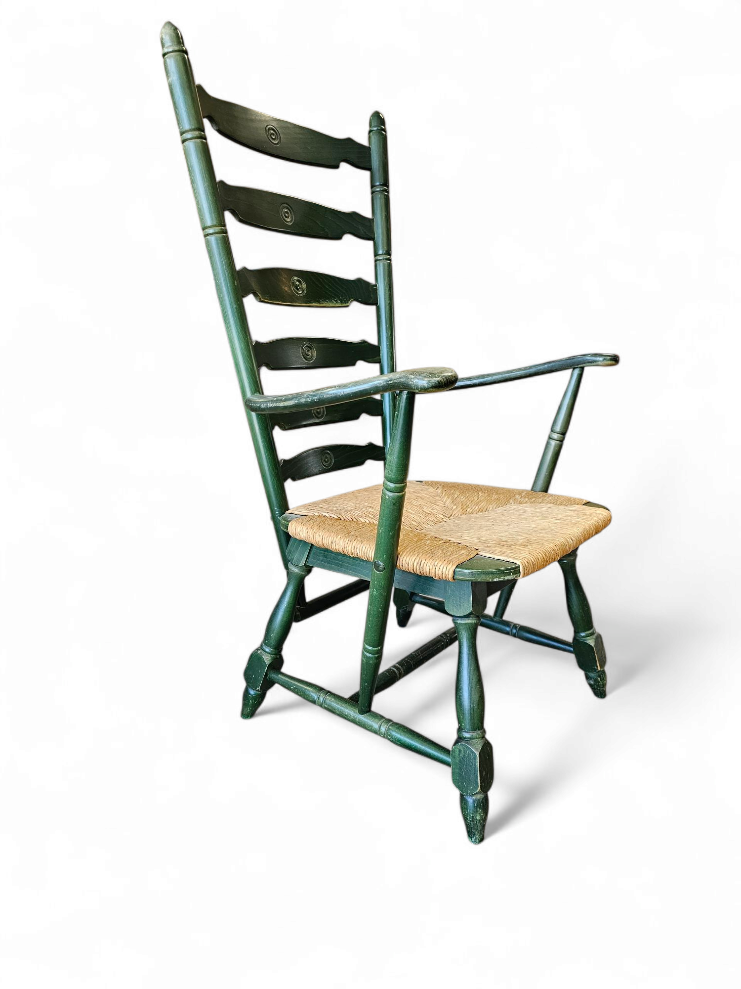 Vintage transparent Green Wooden Arm Chair / Rush Seat / high back Ladder chair