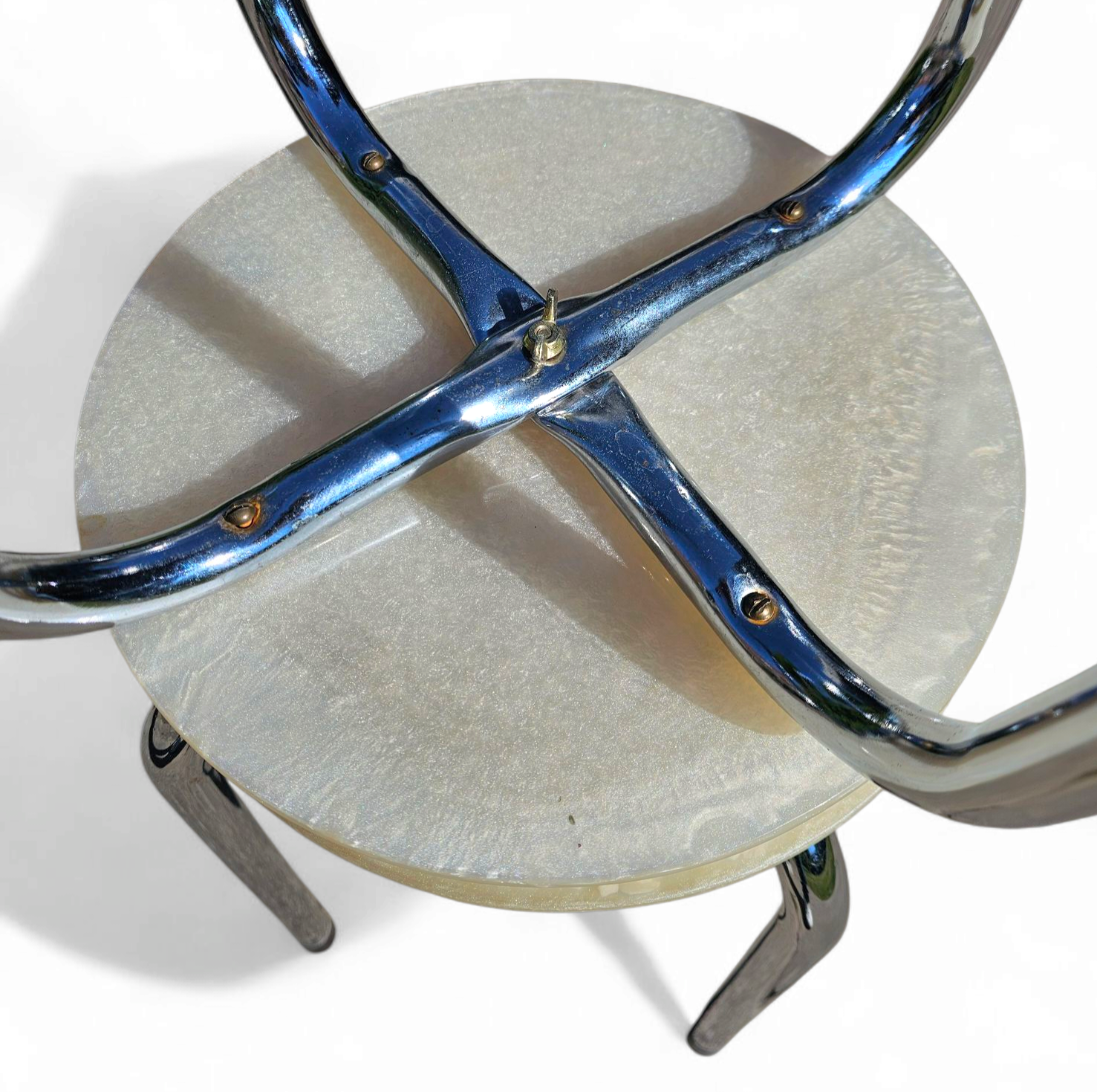 Stools with a decorative top made with sand , seashells, and a starfish embedded in a clear acrylic / 1970s