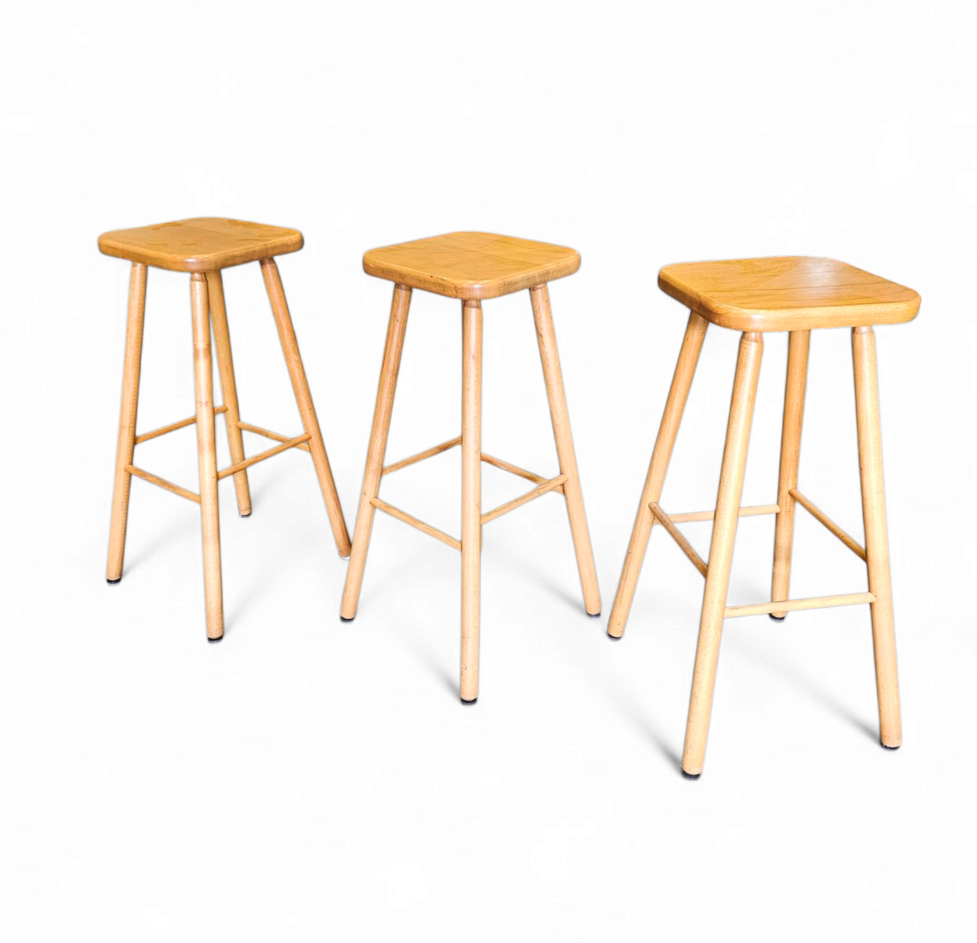 3 x beech wood stools / 1970s / height 65 cm
