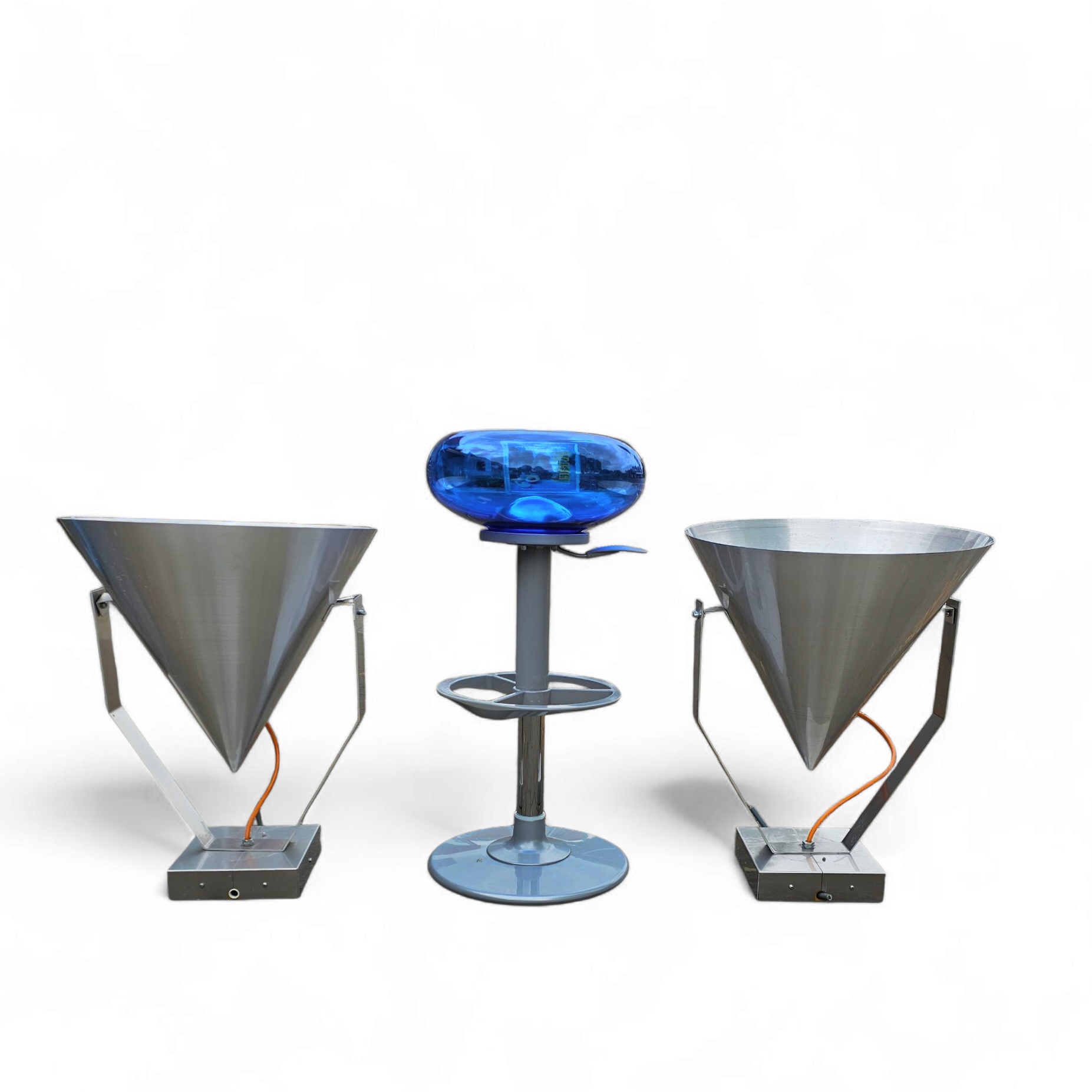 A pair of modern / aluminum / large / conical / industrial style lamps /  designed for ceiling or wall