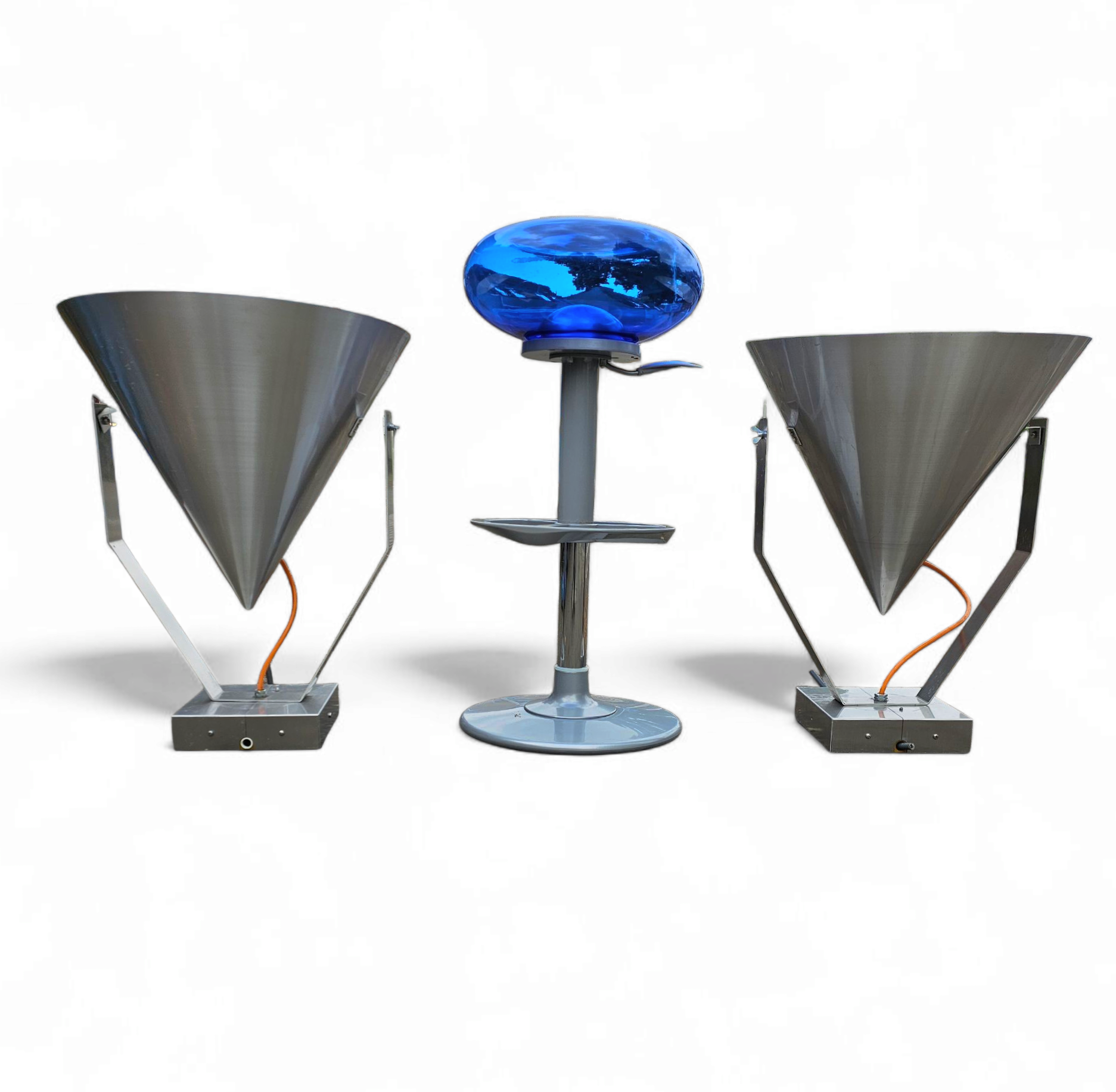 A pair of modern / aluminum / large / conical / industrial style lamps /  designed for ceiling or wall