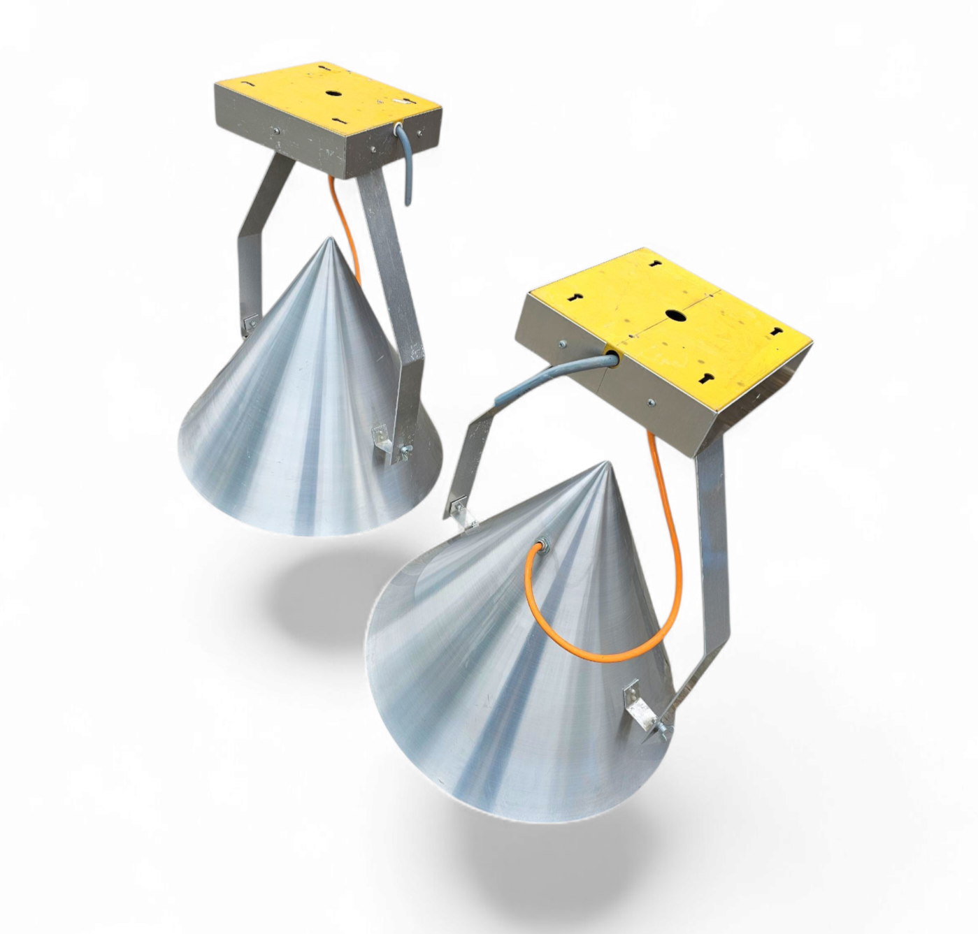 A pair of modern / aluminum / large / conical / industrial style lamps /  designed for ceiling or wall
