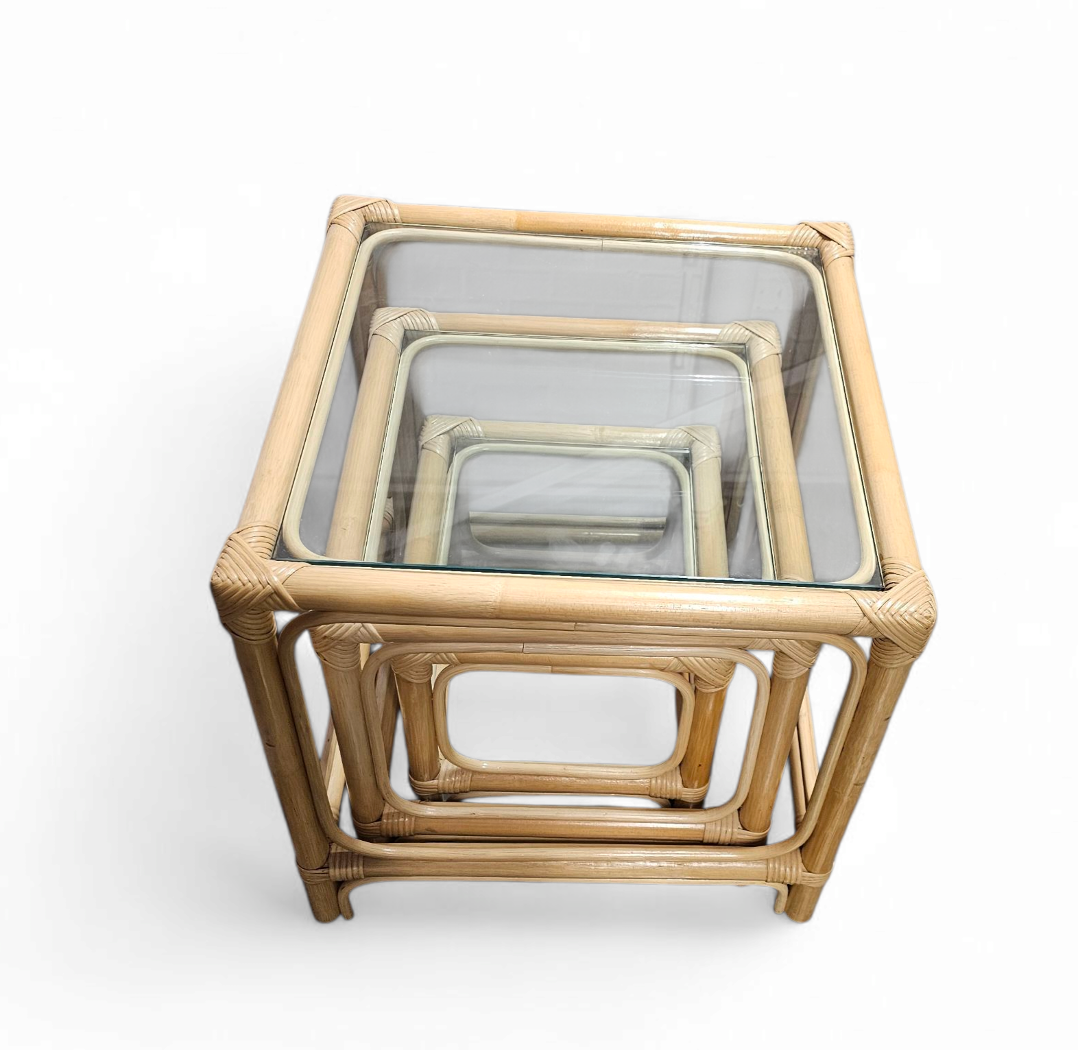 Bamboo nesting set / clear glass tops / side tables / 1970