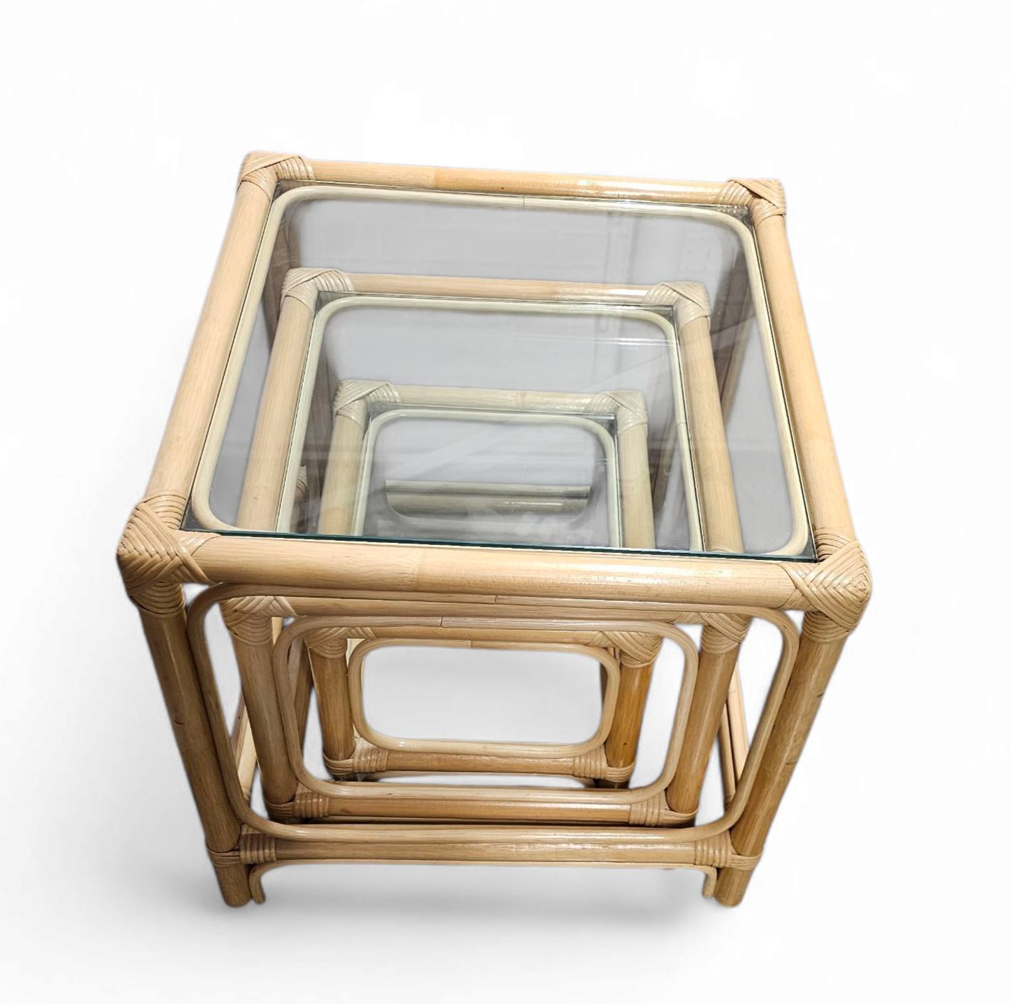 Bamboo nesting set / clear glass tops / side tables / 1970