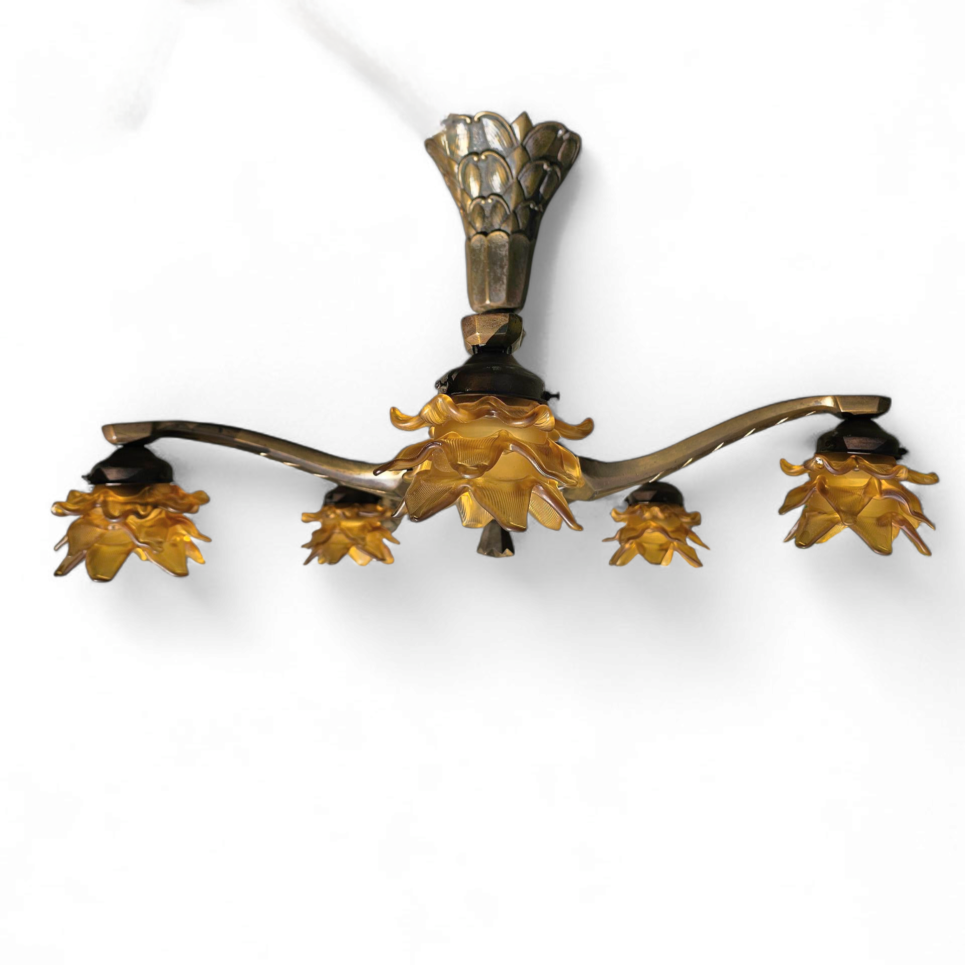 5 arms Art Deco / Art Nouveau / brass hanging lamp / Hand blown floral shades