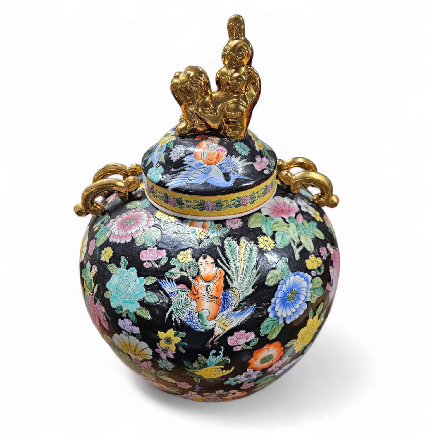 Large Famille Noir Chinese / porcelain ginger jar / hand painted / Mille Fleur