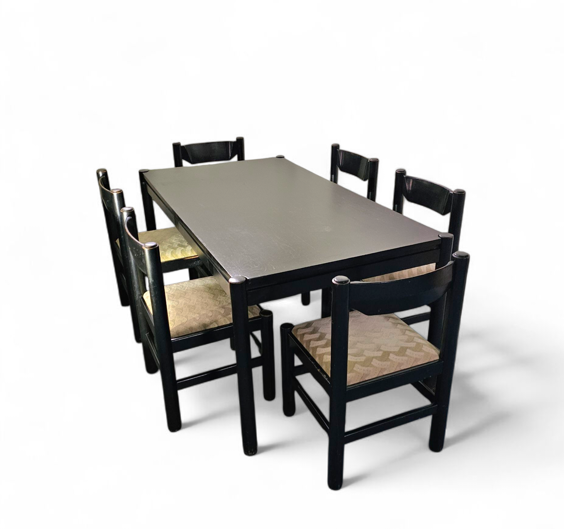 Rare dining set / Vico Magistretti / Italy / 1970s /
solid black painted wood / 6 x chair / matching table