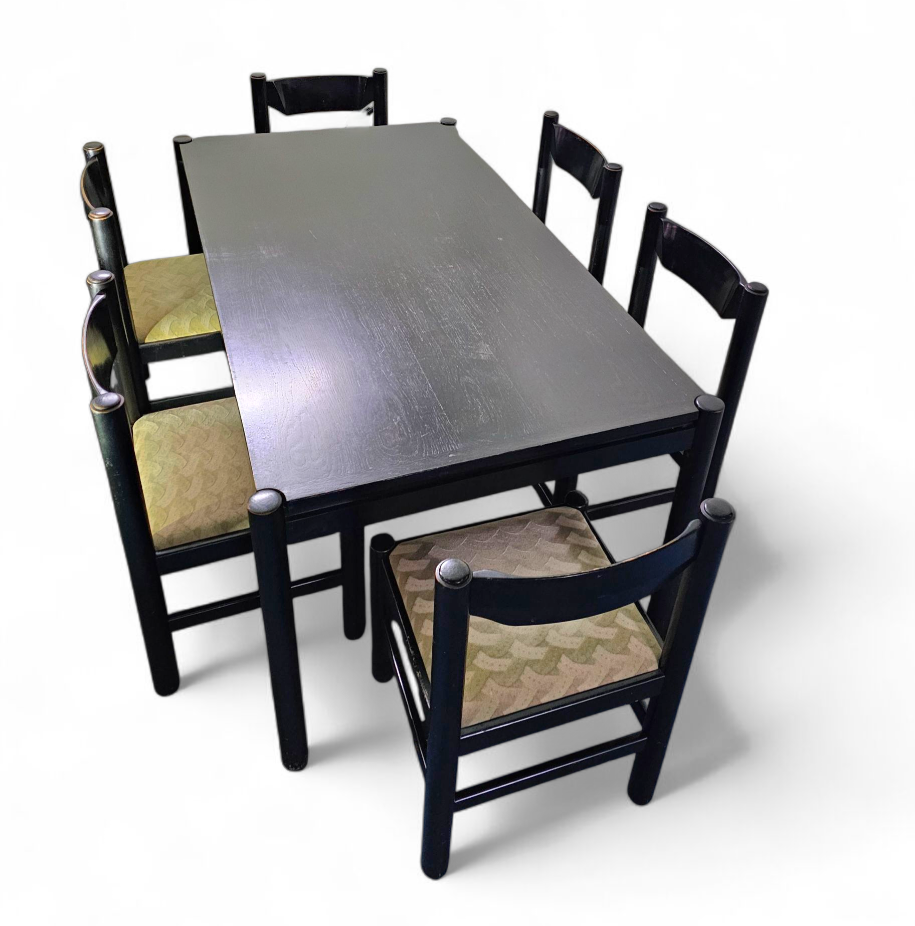 Rare dining set / Vico Magistretti / Italy / 1970s /
solid black painted wood / 6 x chair / matching table