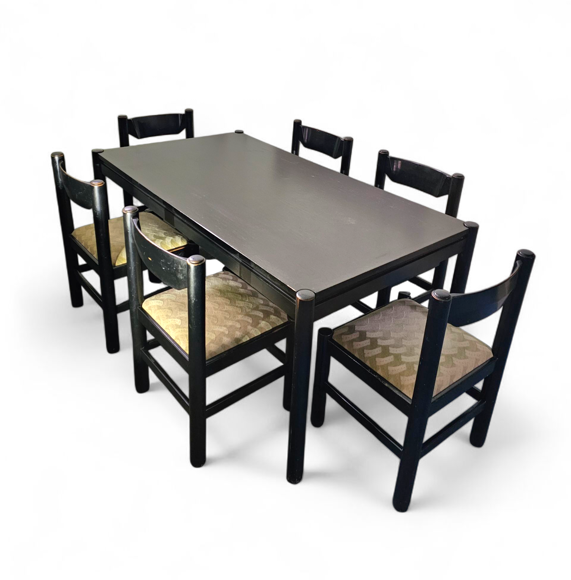 Rare dining set / Vico Magistretti / Italy / 1970s /
solid black painted wood / 6 x chair / matching table