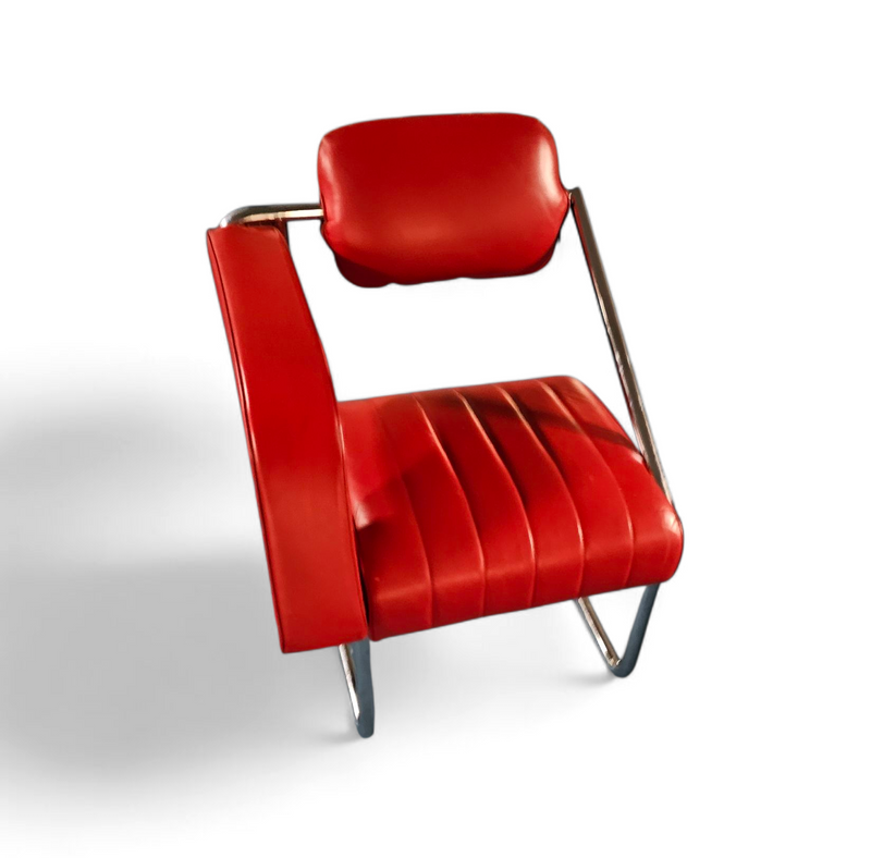 2 x Non-Conformist chair / Eileen Gray by Alivar / red leather / marked beneath the seat