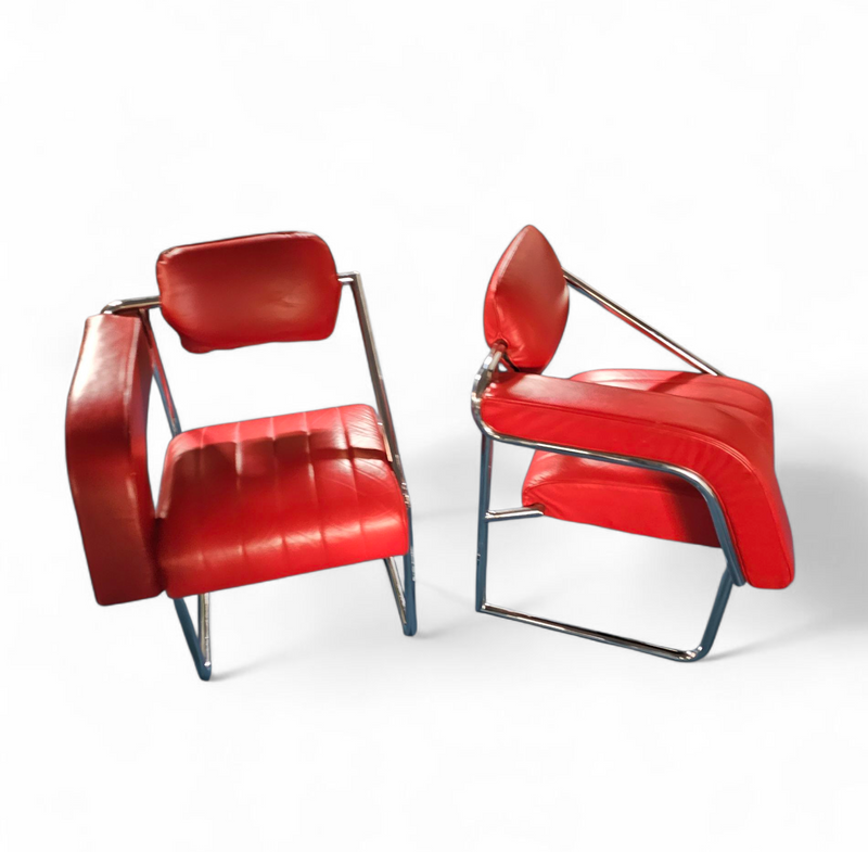 2 x Non-Conformist chair / Eileen Gray by Alivar / red leather / marked beneath the seat