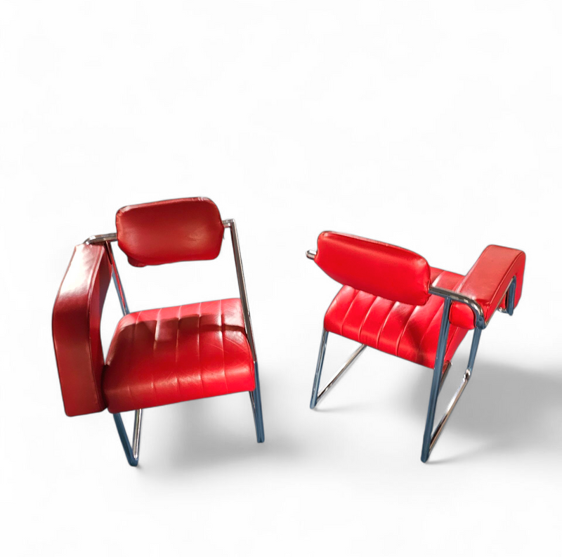 2 x Non-Conformist chair / Eileen Gray by Alivar / red leather / marked beneath the seat