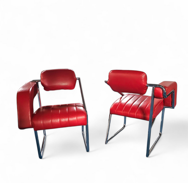 2 x Non-Conformist chair / Eileen Gray by Alivar / red leather / marked beneath the seat