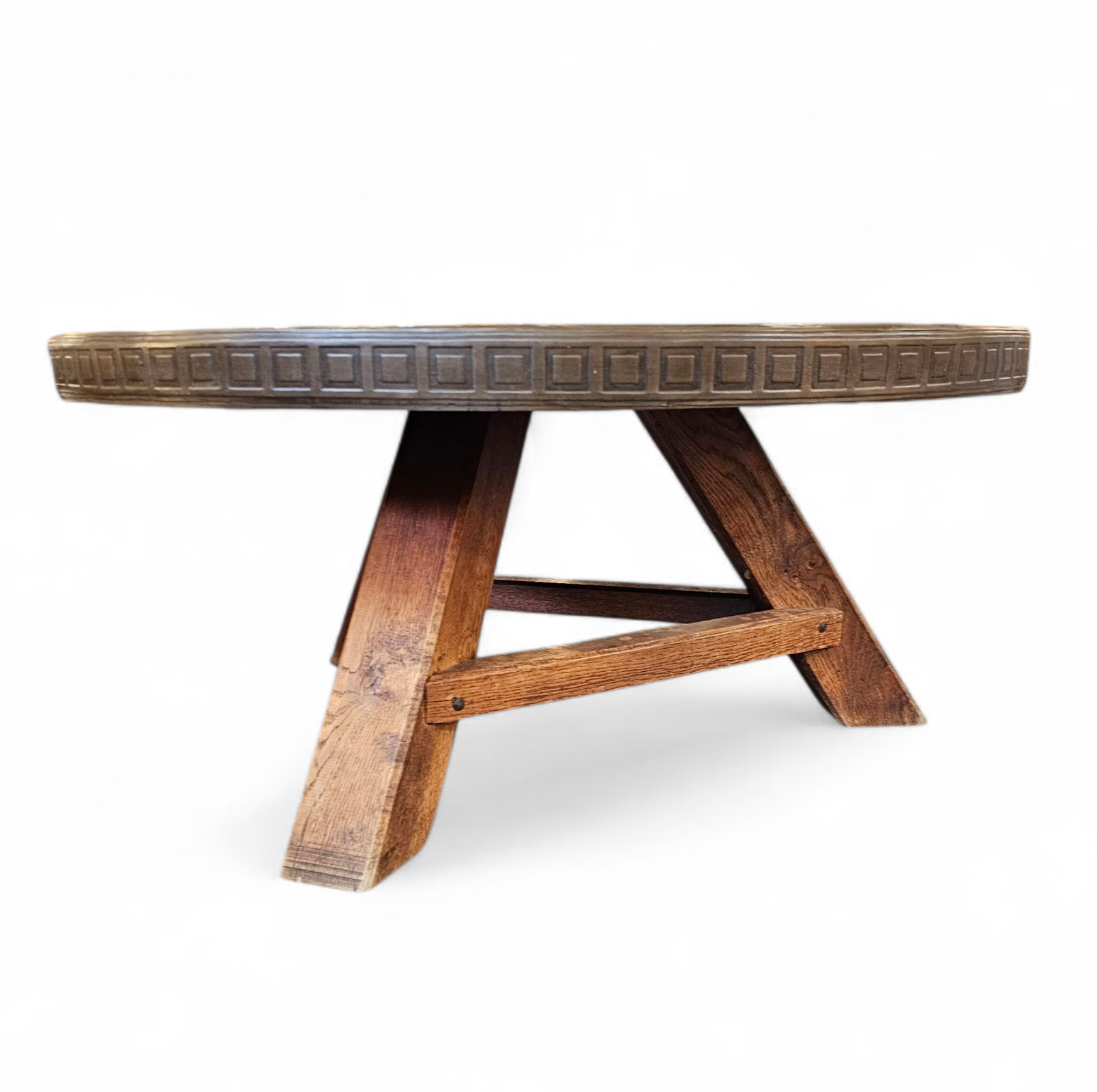 Round brutalis coffee table with brass / copper top / 1960s