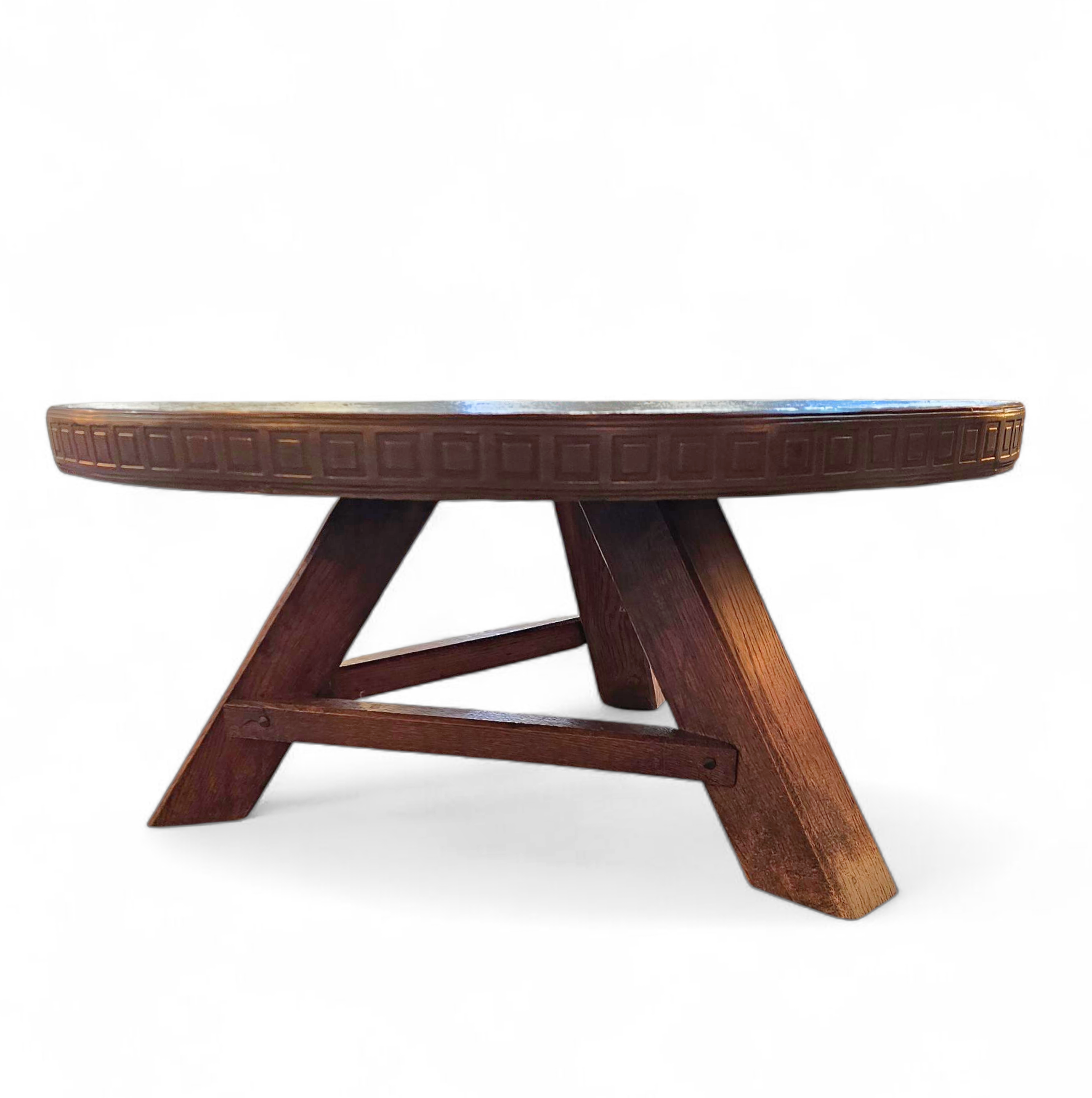 Round brutalis coffee table with brass / copper top / 1960s
