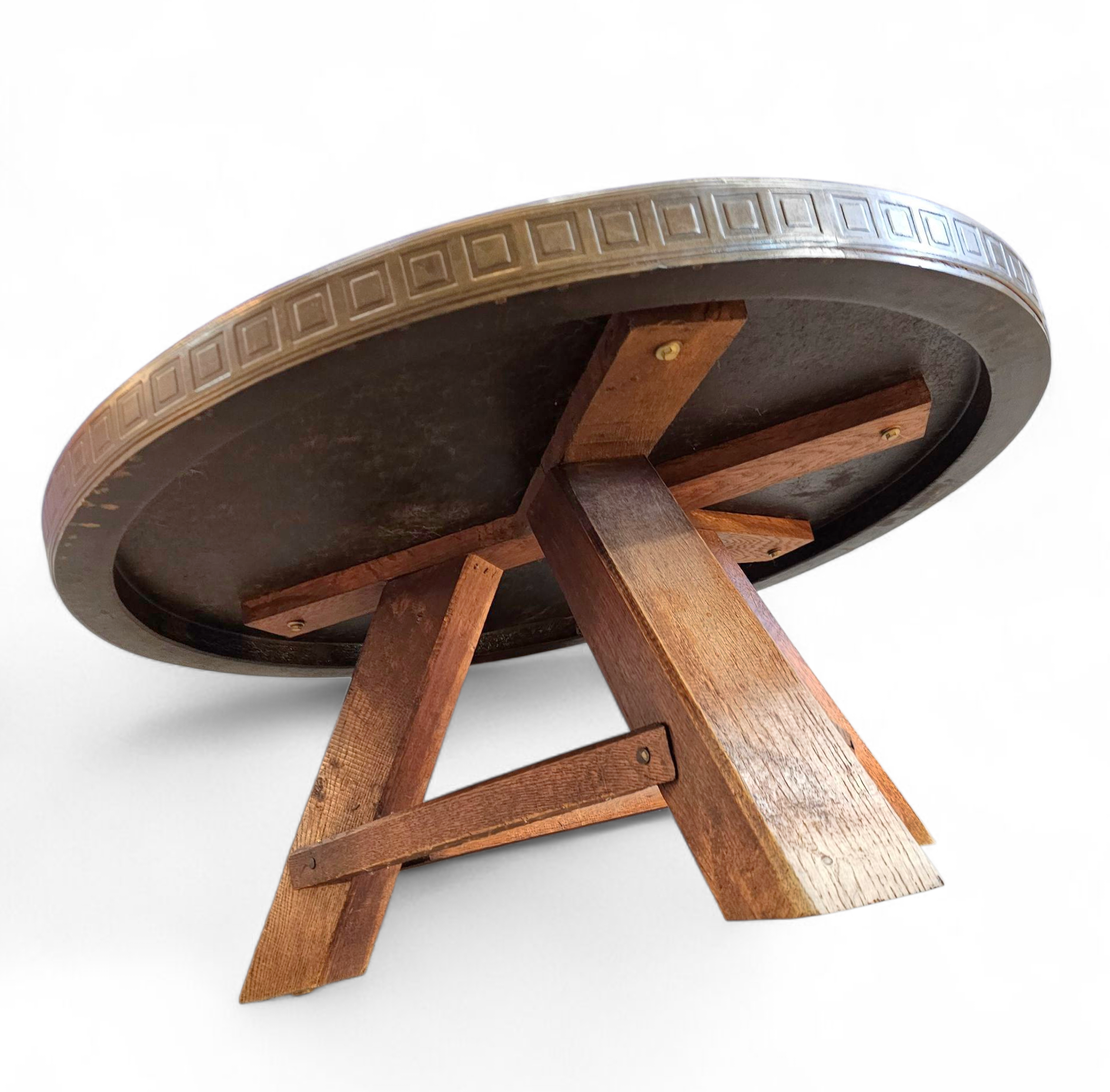 Round brutalis coffee table with brass / copper top / 1960s