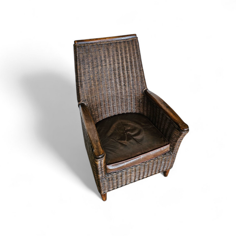 Rattan arm chair 1960S / wooden armrests / leather seat