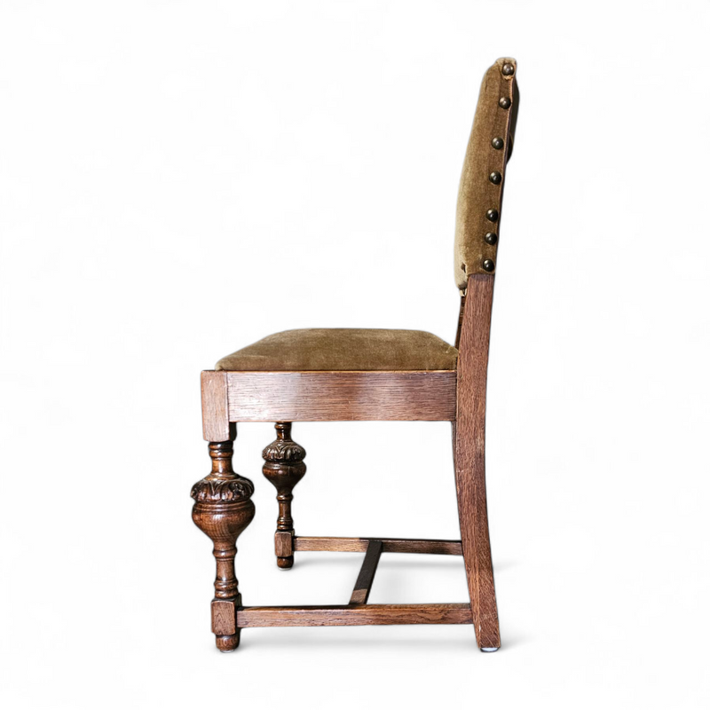 Jacobean / Tudor style / Oak chairs / Green velvet / 1930s