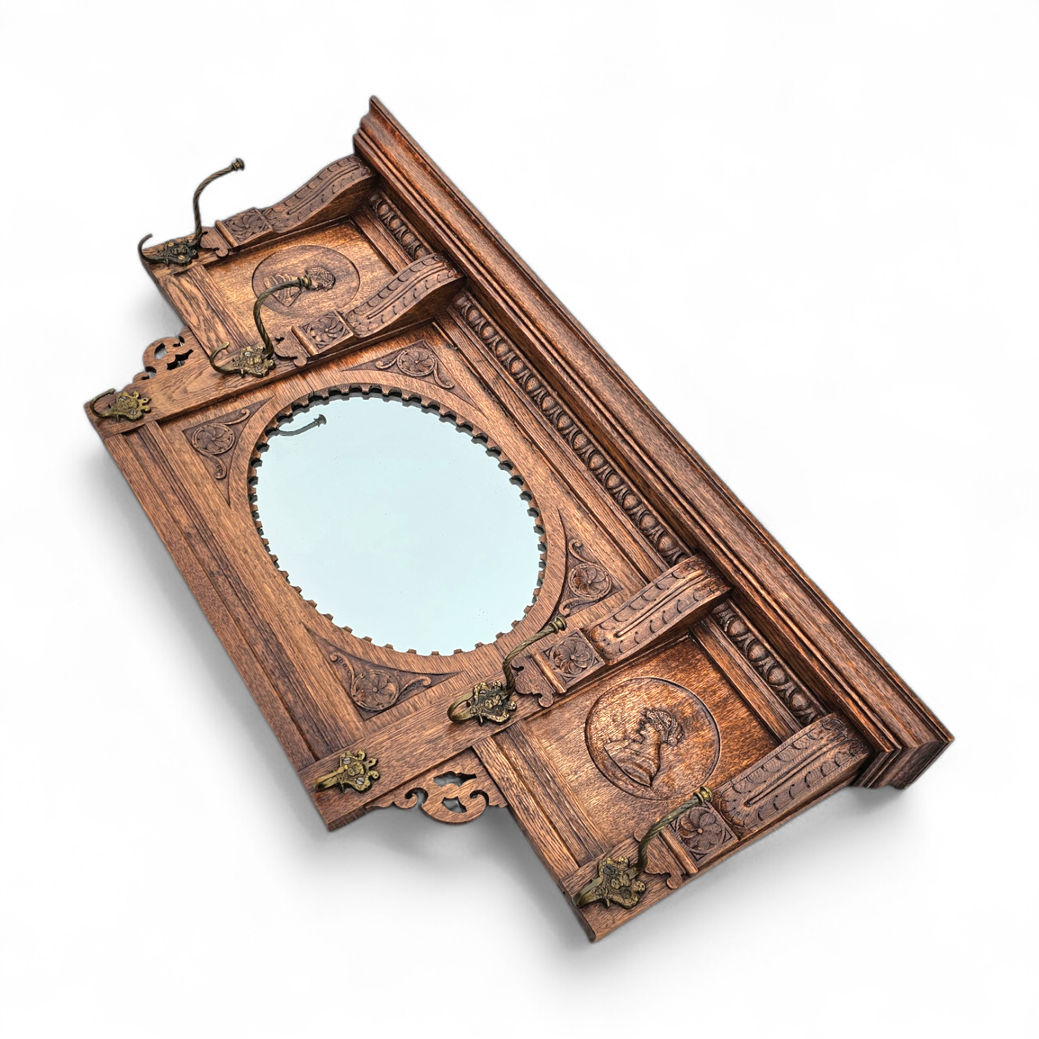 Dutch entryway wall coat rack / solid wood / carved decorations and mirror in the center / 1950s