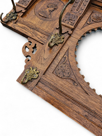 Dutch entryway wall coat rack / solid wood / carved decorations and mirror in the center / 1950s