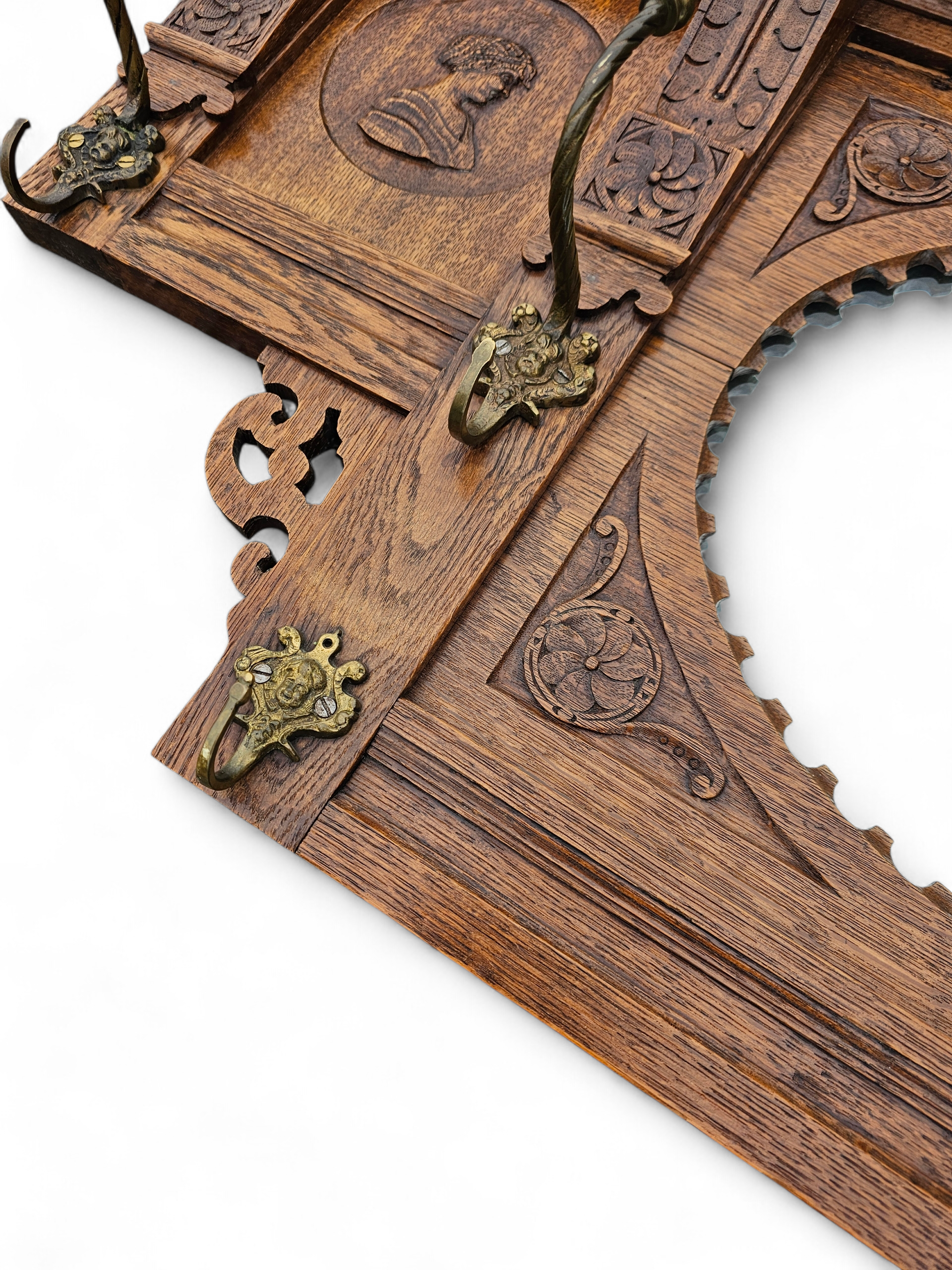 Dutch entryway wall coat rack / solid wood / carved decorations and mirror in the center / 1950s