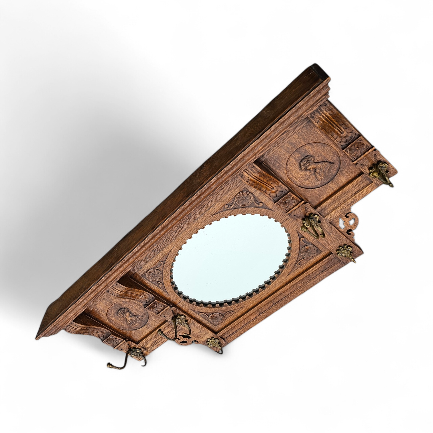 Dutch entryway wall coat rack / solid wood / carved decorations and mirror in the center / 1950s