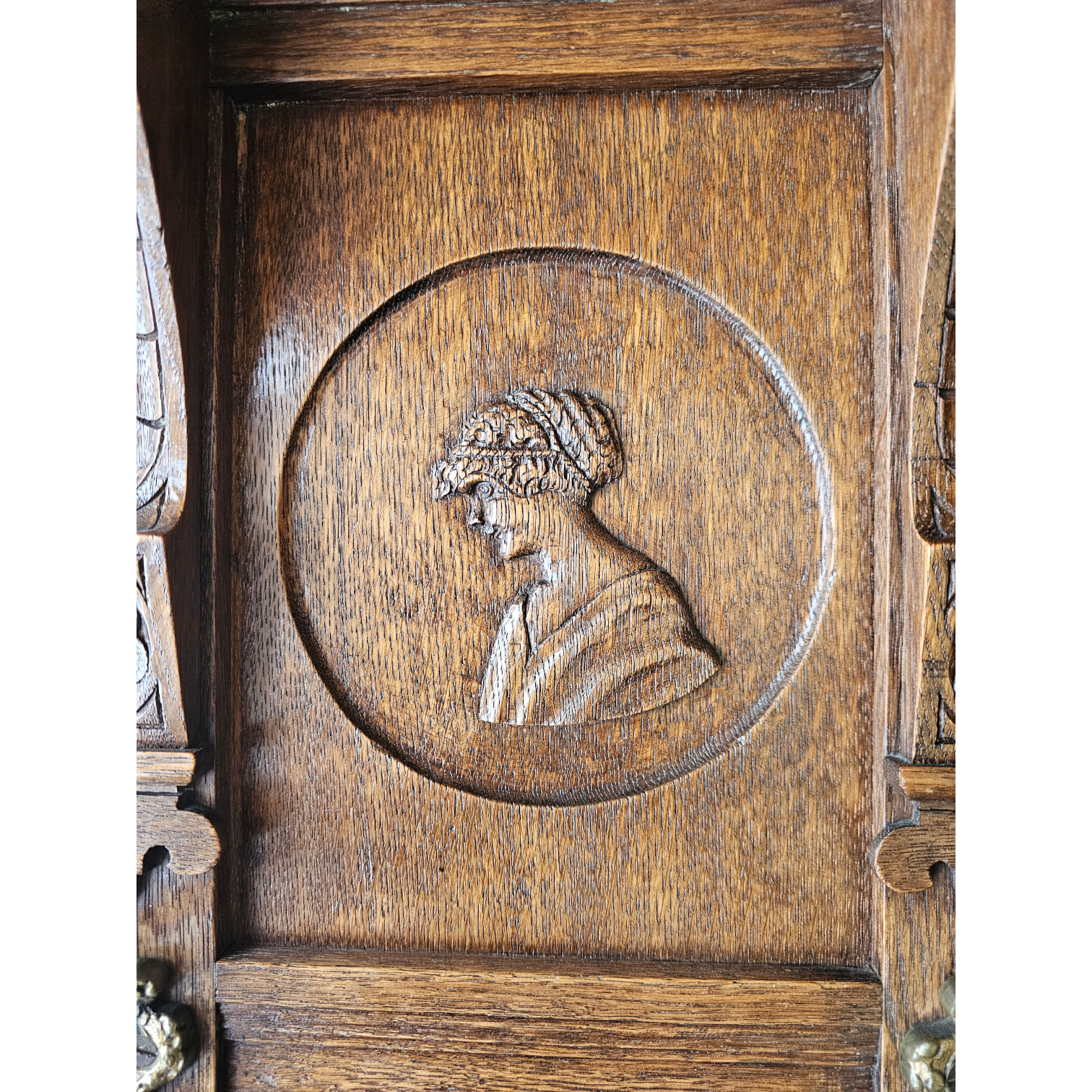 Dutch entryway wall coat rack / solid wood / carved decorations and mirror in the center / 1950s
