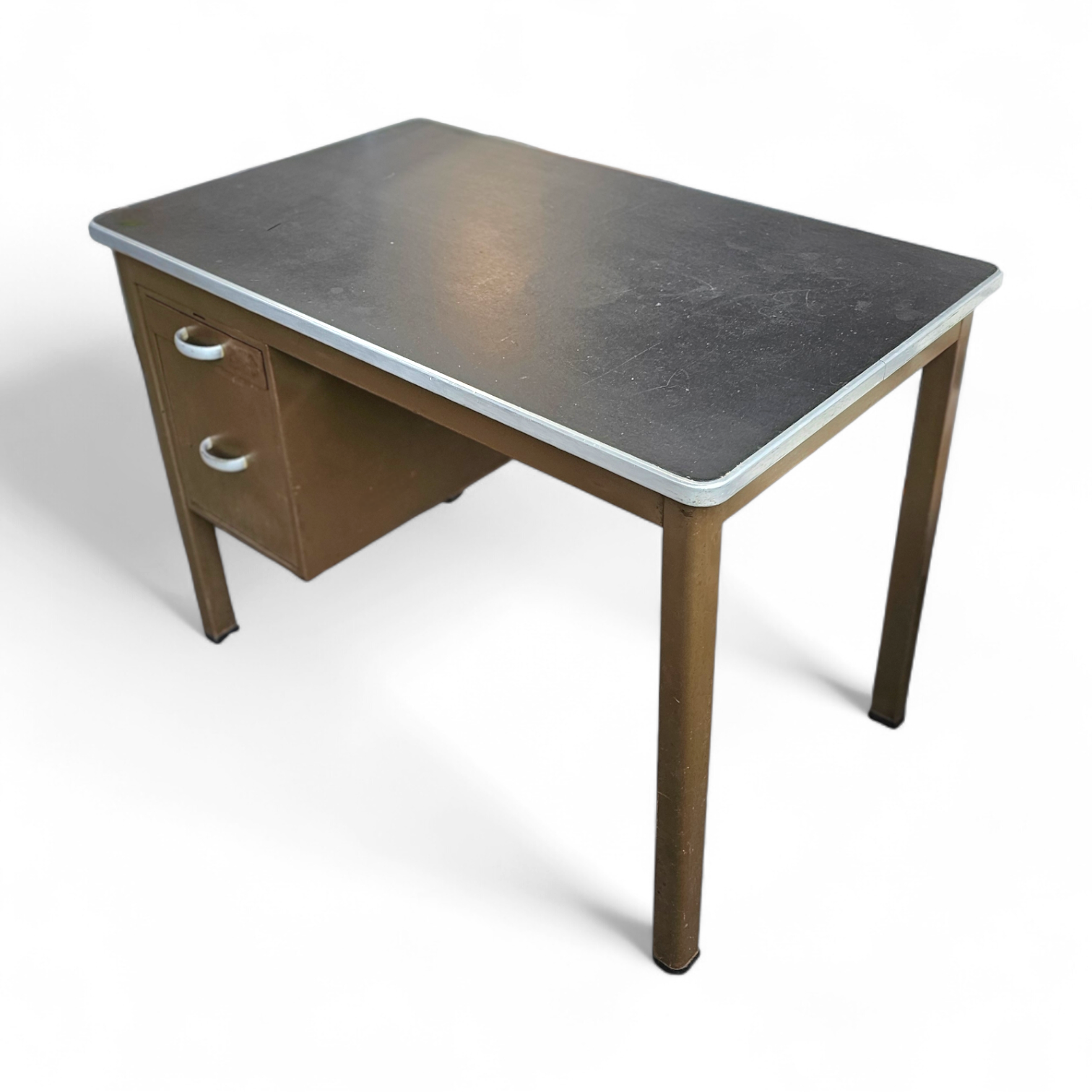 Industrial brown desk 1960s / linoleum inlay / model 7231 / Gispen / 1950s