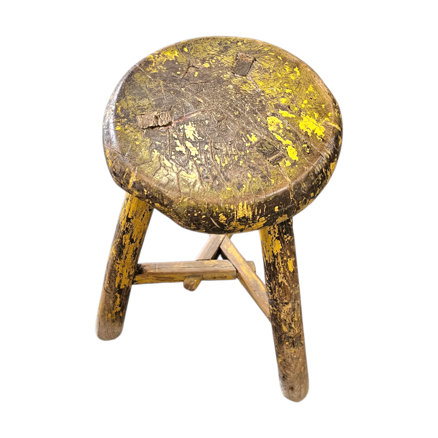 Primitive wooden tripod stool /  height 52 cm