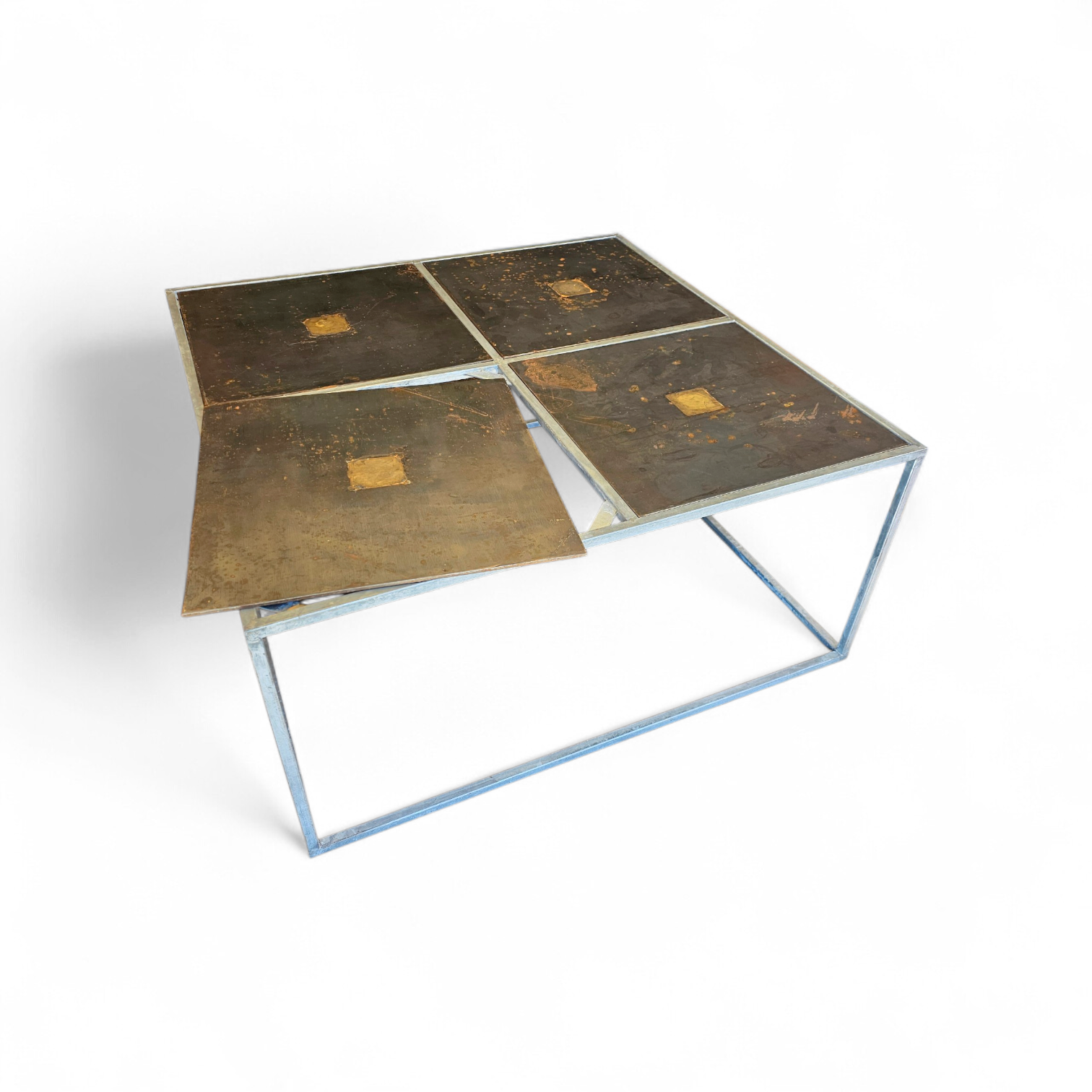 One of a kind brutalist coffee table 1980s with weighty metal / copper / steel tops /