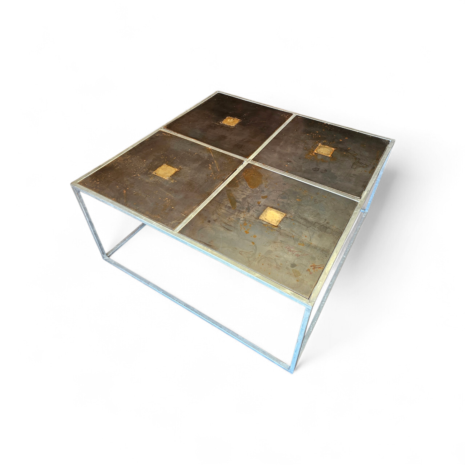 One of a kind brutalist coffee table 1980s with weighty metal / copper / steel tops /