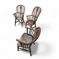 4 x Antique Windsor 2 Low / 2 high Spindle Back Arm Chair In Elm Wood / 19th Century
