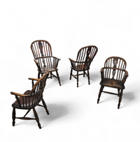 4 x Antique Windsor 2 Low / 2 high Spindle Back Arm Chair In Elm Wood / 19th Century