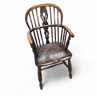 4 x Antique Windsor 2 Low / 2 high Spindle Back Arm Chair In Elm Wood / 19th Century